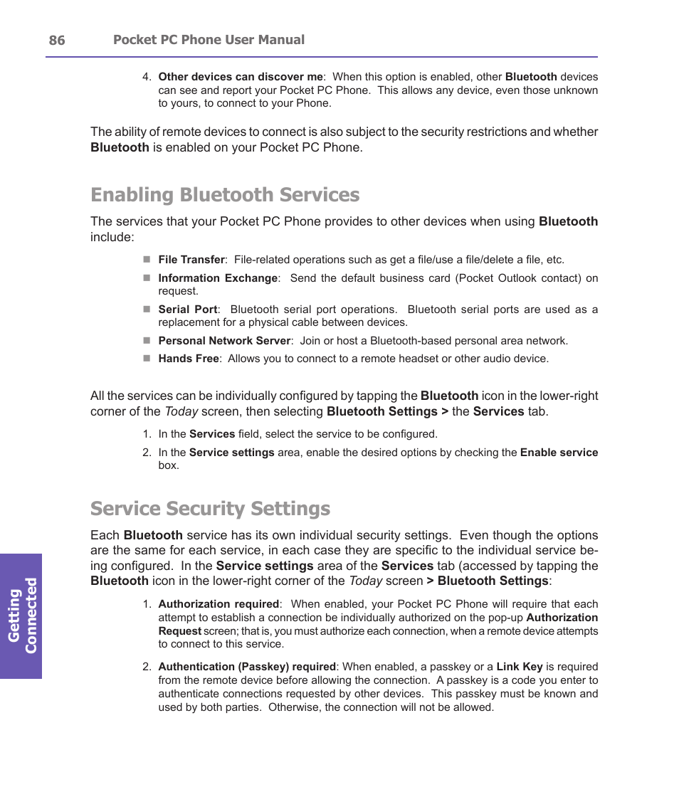 Enabling bluetooth services, Service security settings, Getting connected | i-mate PDA2 User Manual | Page 86 / 177
