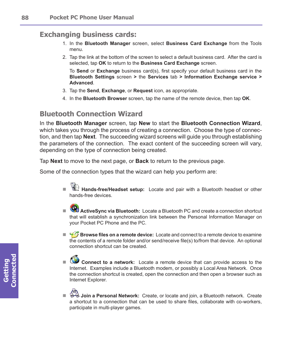 Exchanging business cards, Bluetooth connection wizard, Getting connected | i-mate PDA2 User Manual | Page 88 / 177
