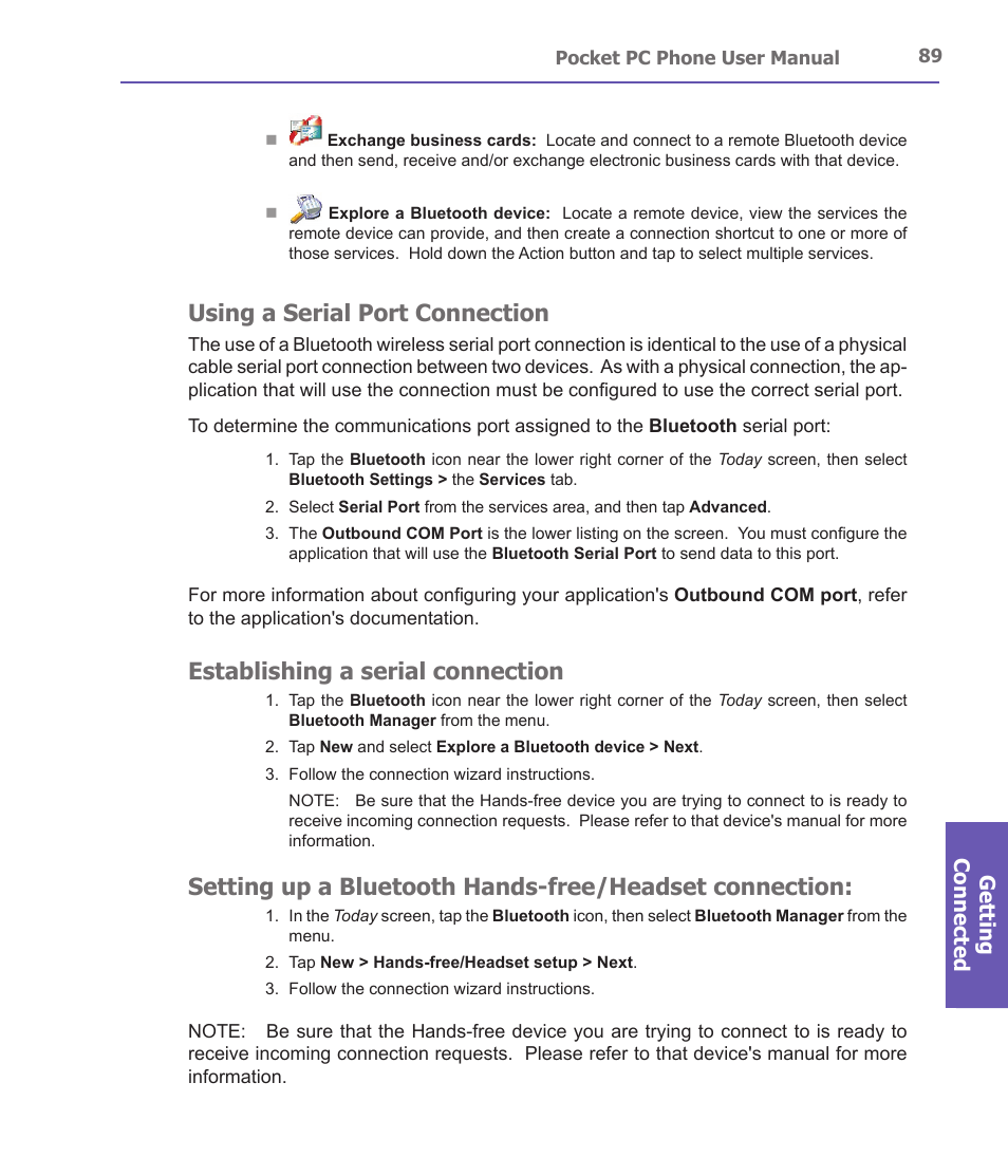 Using a serial port connection, Establishing a serial connection, Getting connected | i-mate PDA2 User Manual | Page 89 / 177