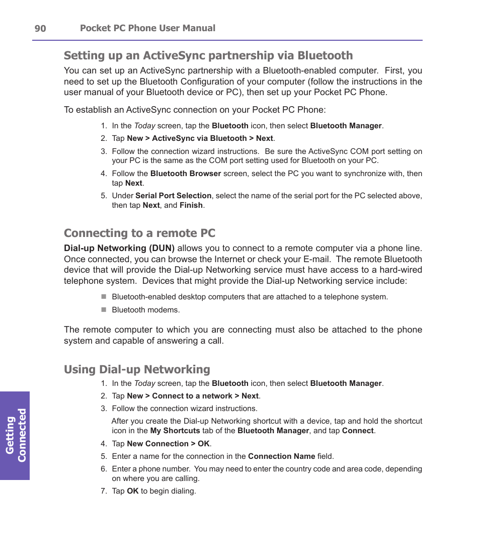 Setting up an activesync partnership via bluetooth, Connecting to a remote pc, Using dial-up networking | Getting connected | i-mate PDA2 User Manual | Page 90 / 177