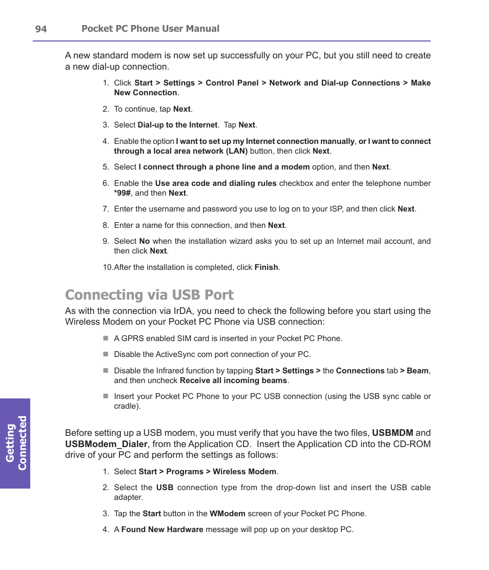 Connecting via usb port, Getting connected | i-mate PDA2 User Manual | Page 94 / 177