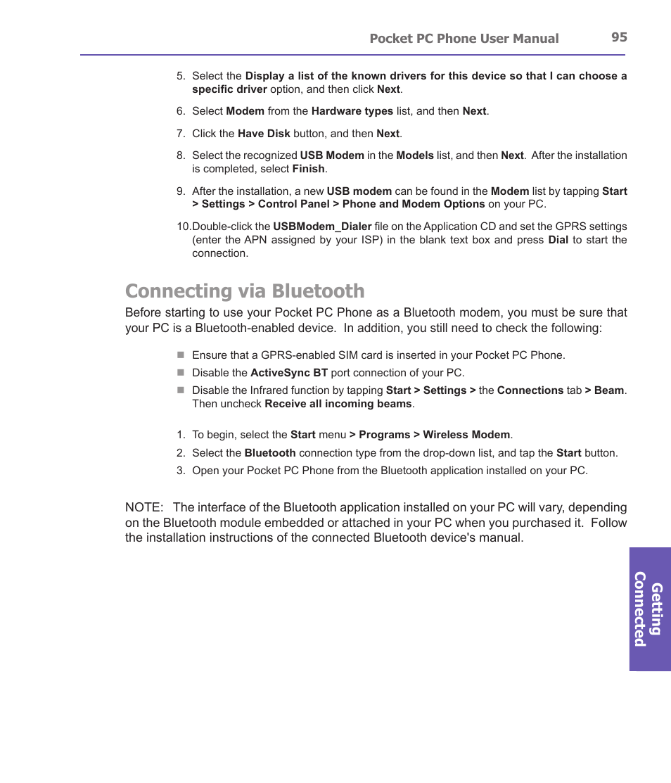 Connecting via bluetooth, Getting connected | i-mate PDA2 User Manual | Page 95 / 177