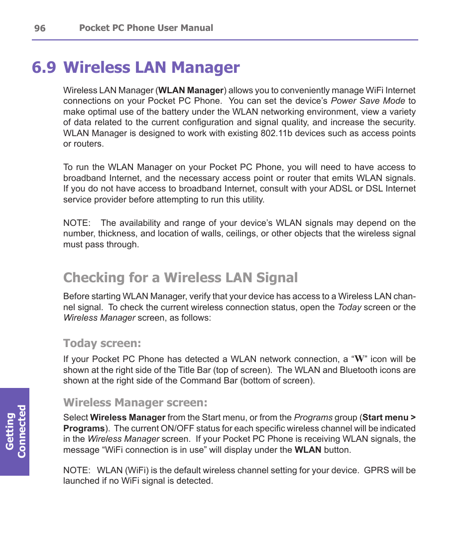 9 wireless lan manager, Checking for a wireless lan signal, Today screen | Wireless manager screen | i-mate PDA2 User Manual | Page 96 / 177