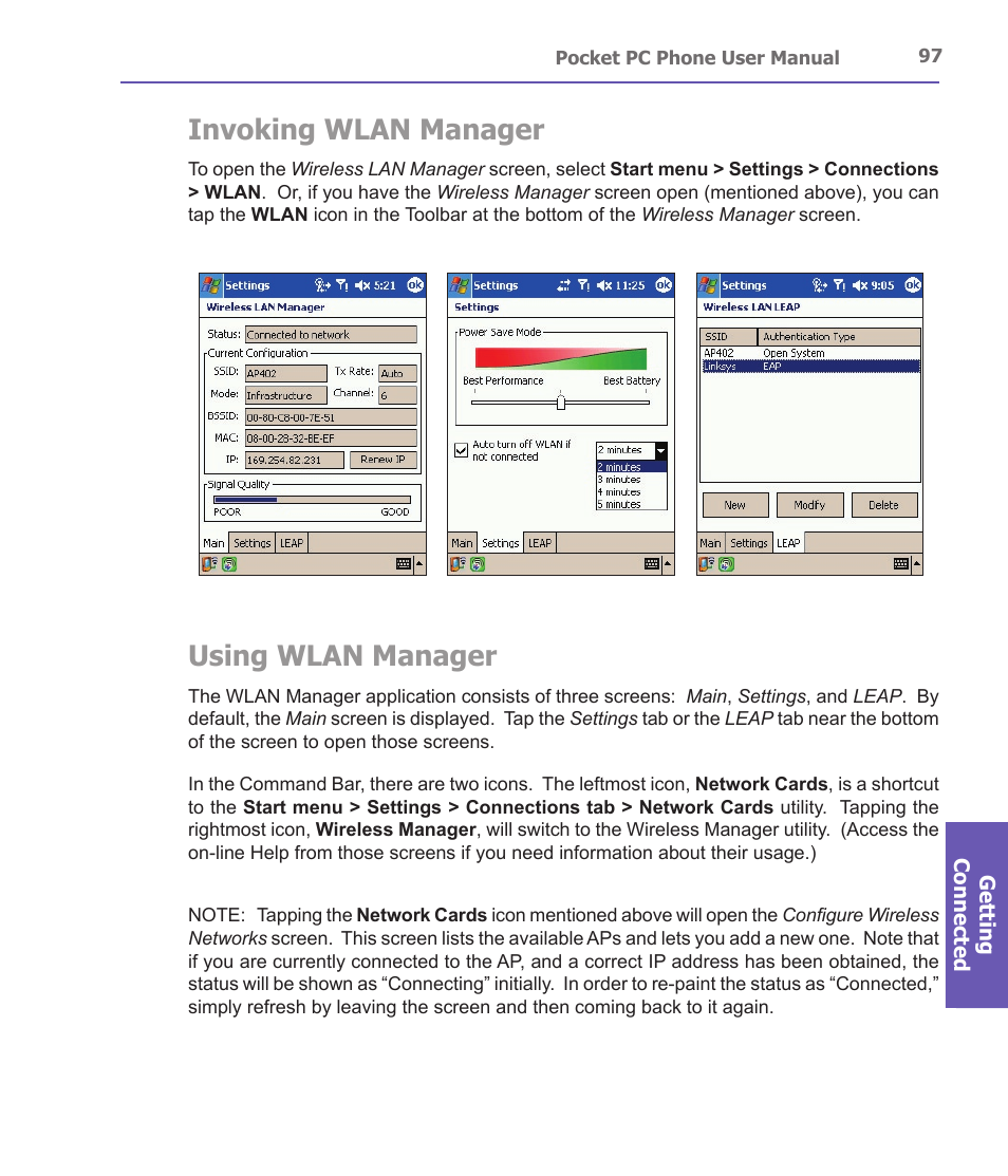 Invoking wlan manager, Using wlan manager | i-mate PDA2 User Manual | Page 97 / 177