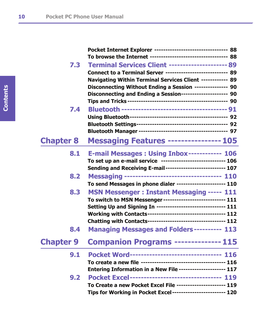 Chapter 8 messaging features, Chapter 9 companion programs | i-mate PDA2K EVDO User Manual | Page 10 / 176