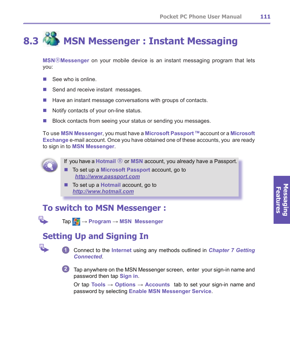 3 msn messenger : instant messaging, Setting up and signing in | i-mate PDA2K EVDO User Manual | Page 111 / 176
