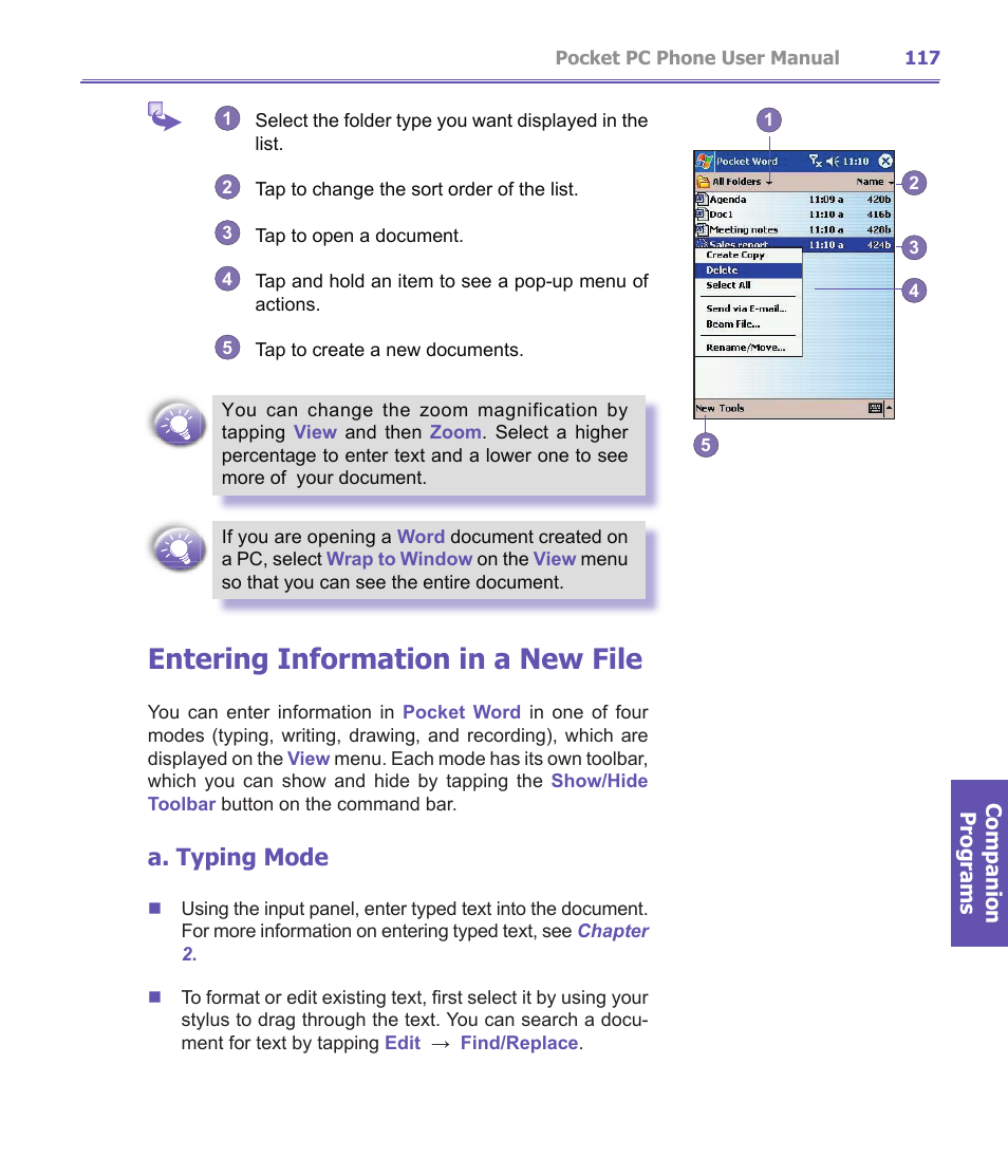 Entering information in a new file, A. typing mode | i-mate PDA2K EVDO User Manual | Page 117 / 176