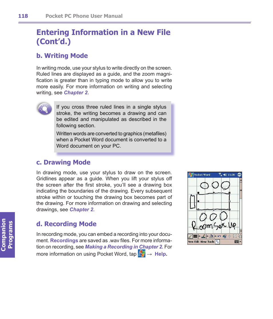 Entering information in a new file (cont’d.), B. writing mode, C. drawing mode | D. recording mode | i-mate PDA2K EVDO User Manual | Page 118 / 176