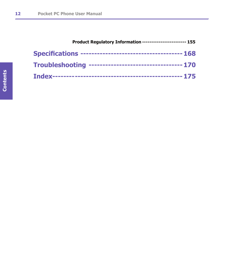 Specifications troubleshooting index | i-mate PDA2K EVDO User Manual | Page 12 / 176