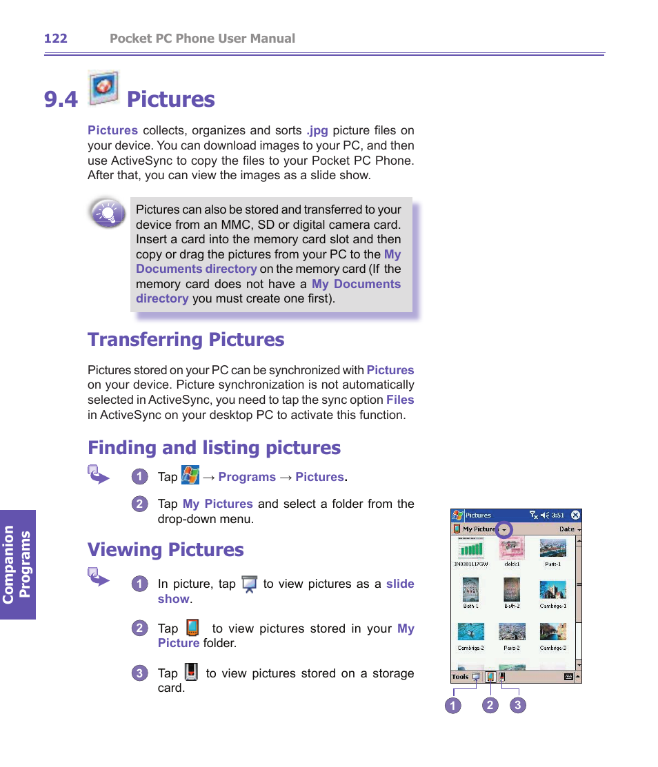 4 pictures, Transferring pictures, Finding and listing pictures | Viewing pictures | i-mate PDA2K EVDO User Manual | Page 122 / 176