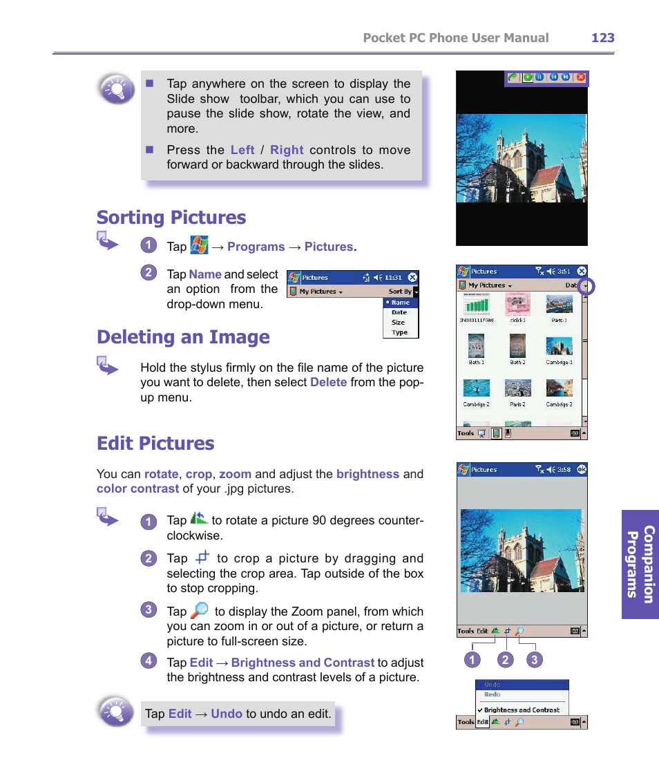 Sorting pictures, Deleting an image, Edit pictures | i-mate PDA2K EVDO User Manual | Page 123 / 176