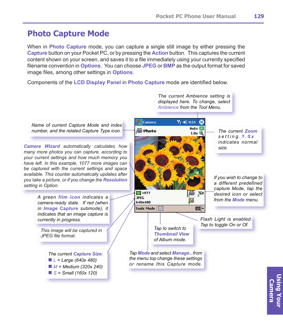 Photo capture mode, Using your camera | i-mate PDA2K EVDO User Manual | Page 129 / 176