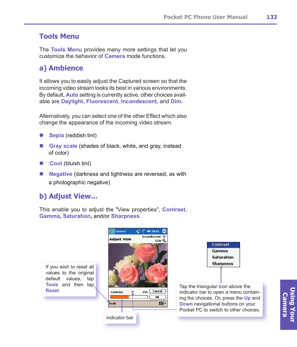 Tools menu, A) ambience, B) adjust view | i-mate PDA2K EVDO User Manual | Page 133 / 176