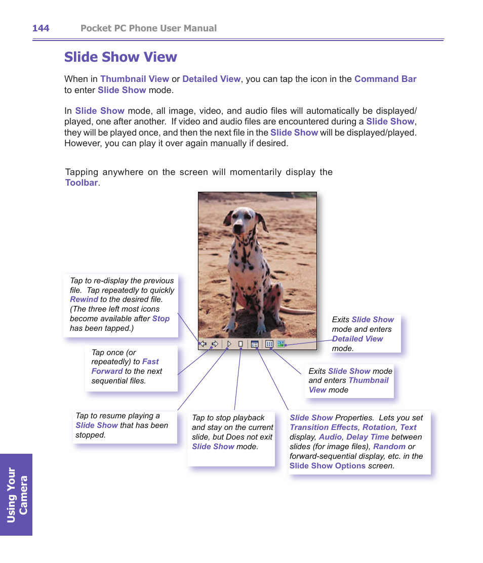 Slide show view, Using your camera | i-mate PDA2K EVDO User Manual | Page 144 / 176