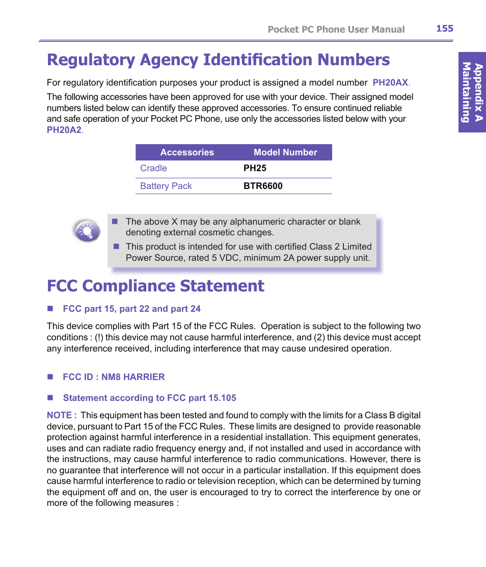 Regulatory agency identification numbers, Fcc compliance statement | i-mate PDA2K EVDO User Manual | Page 155 / 176