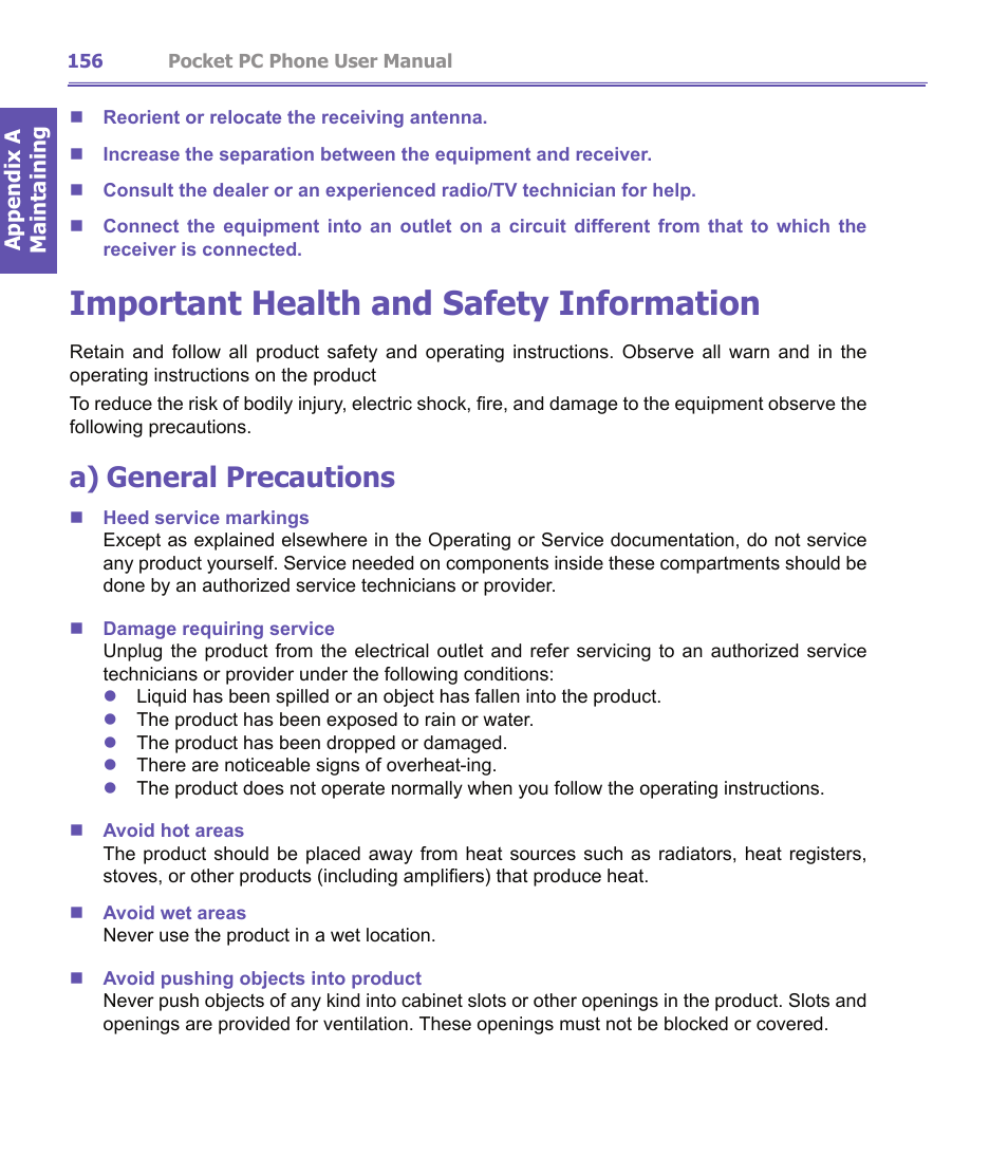 Important health and safety information, A) general precautions | i-mate PDA2K EVDO User Manual | Page 156 / 176