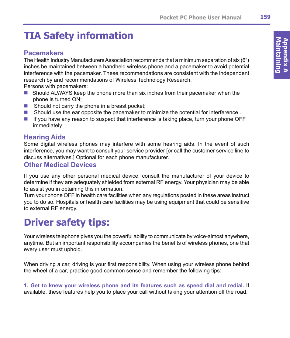 Tia safety information, Driver safety tips, Pacemakers | Hearing aids, Other medical devices | i-mate PDA2K EVDO User Manual | Page 159 / 176