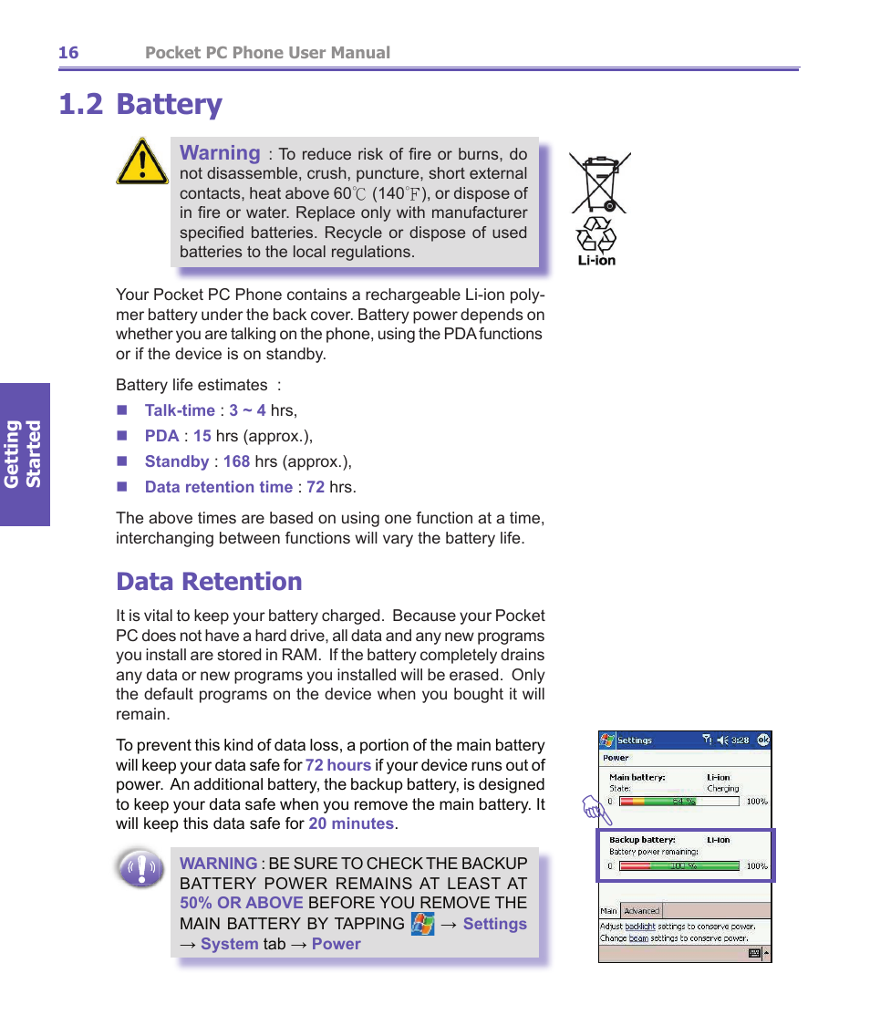 2 battery, Data retention, Warning | i-mate PDA2K EVDO User Manual | Page 16 / 176