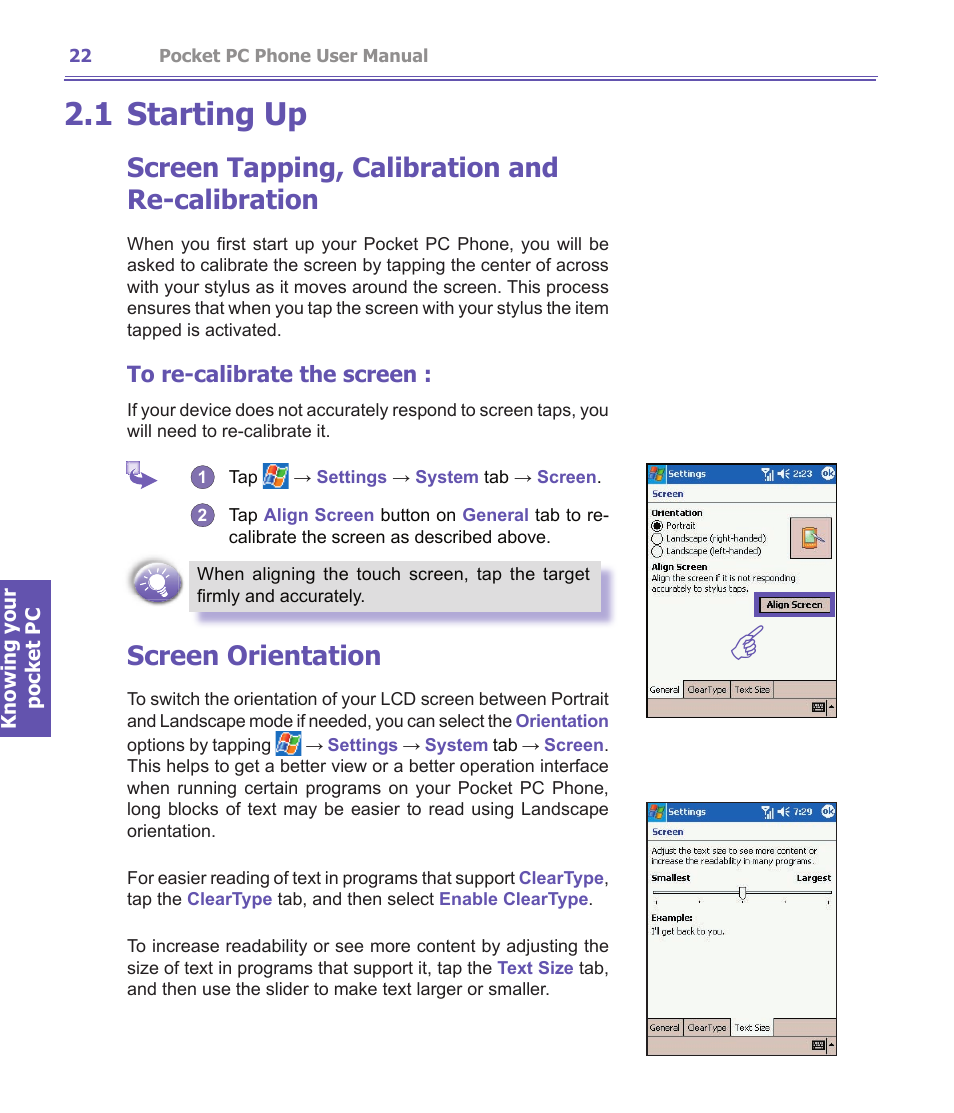 1 starting up, Screen tapping, calibration and re-calibration, Screen orientation | i-mate PDA2K EVDO User Manual | Page 22 / 176