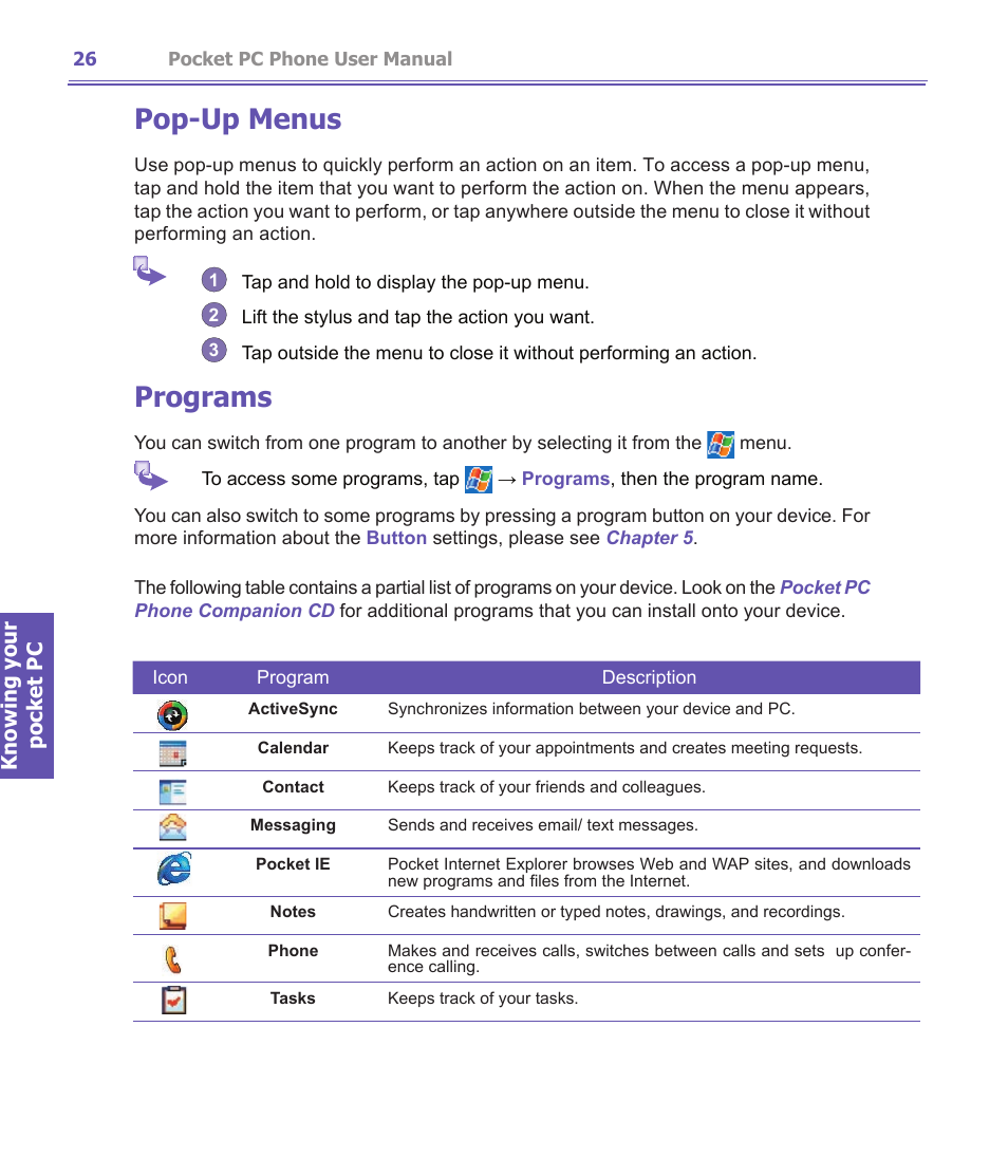Pop-up menus, Programs | i-mate PDA2K EVDO User Manual | Page 26 / 176