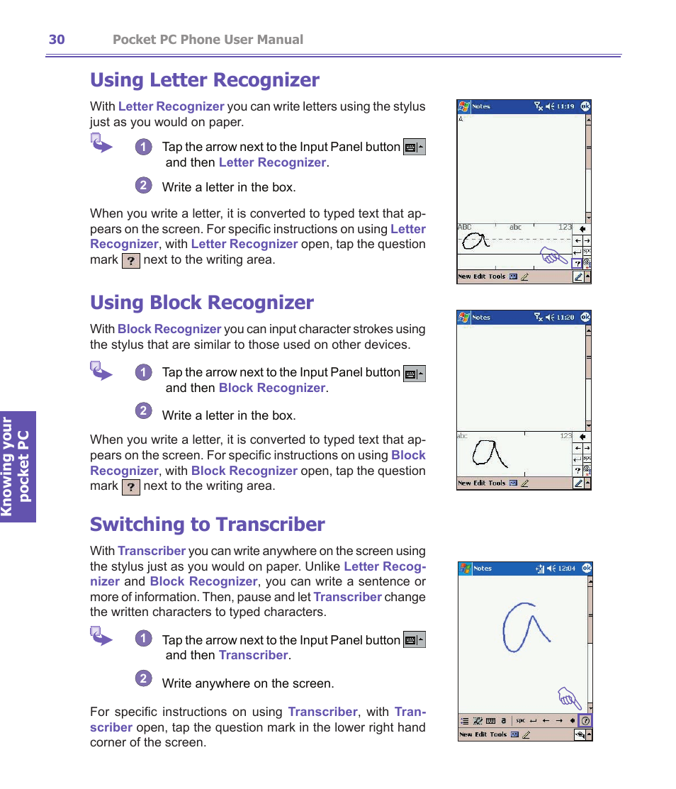 Using letter recognizer, Using block recognizer, Switching to transcriber | i-mate PDA2K EVDO User Manual | Page 30 / 176