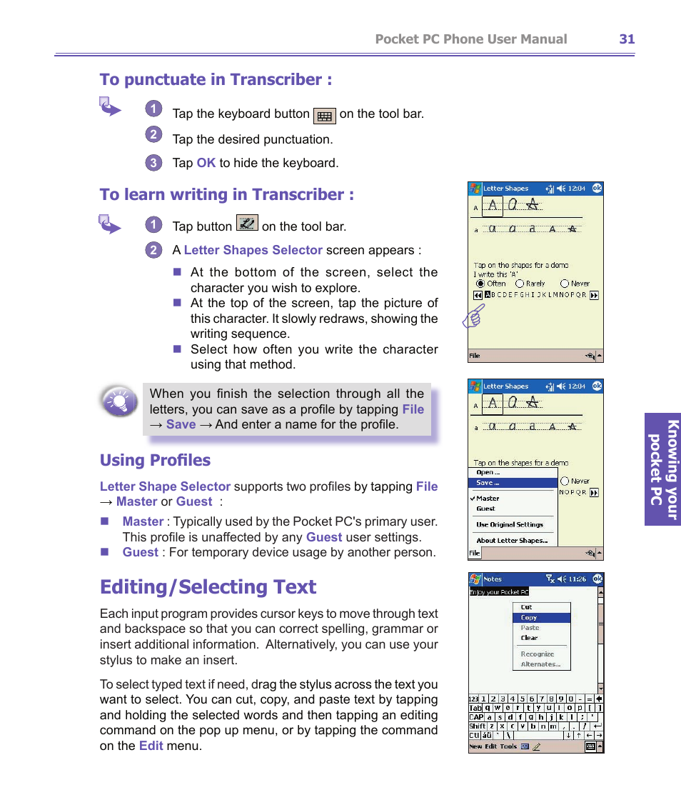 Editing/selecting text, Using profiles | i-mate PDA2K EVDO User Manual | Page 31 / 176