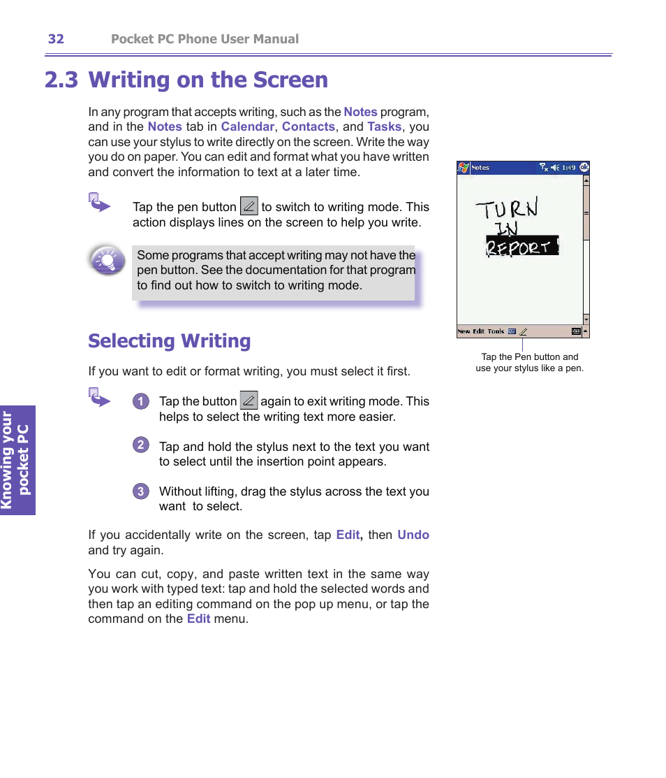 3 writing on the screen, Selecting writing | i-mate PDA2K EVDO User Manual | Page 32 / 176