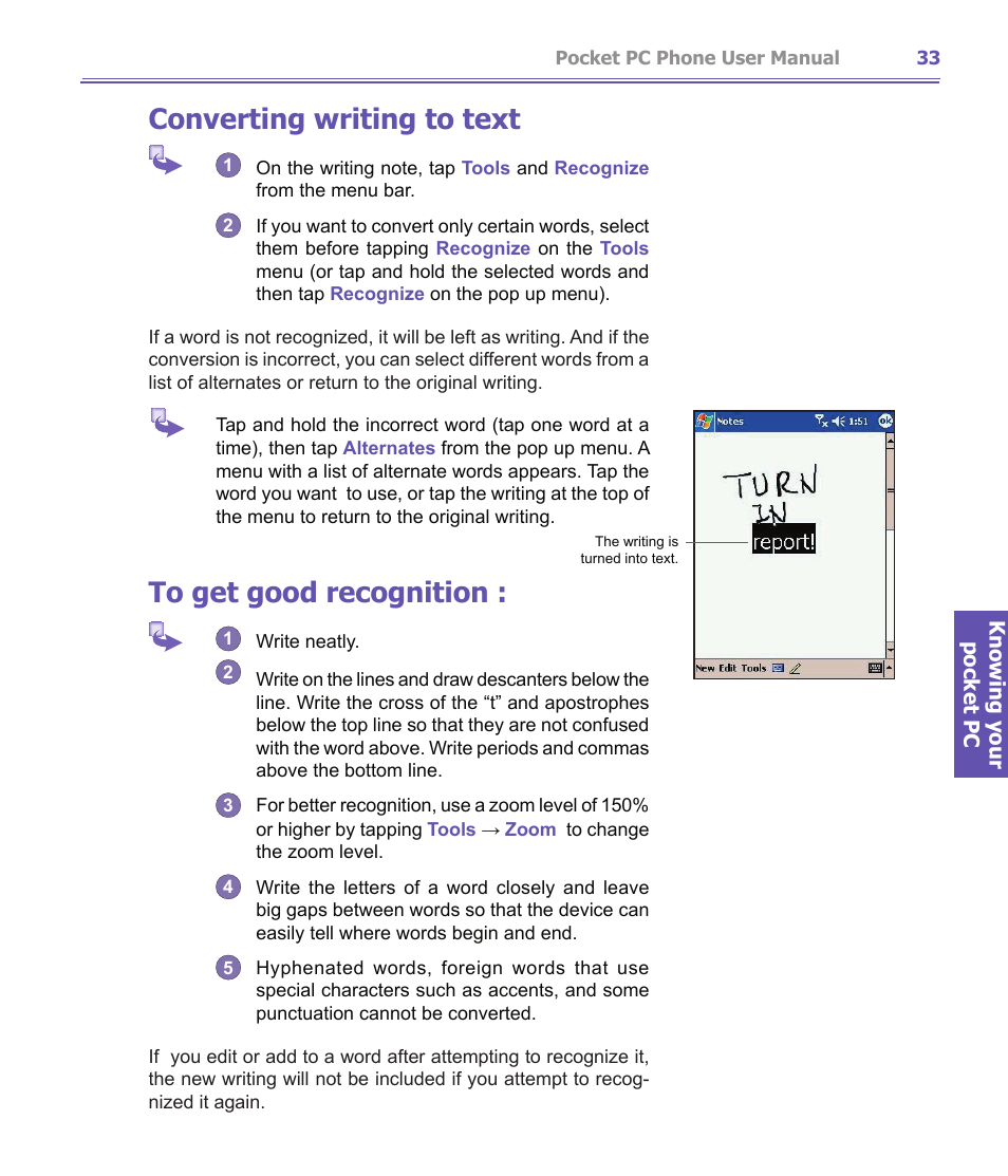 Converting writing to text | i-mate PDA2K EVDO User Manual | Page 33 / 176