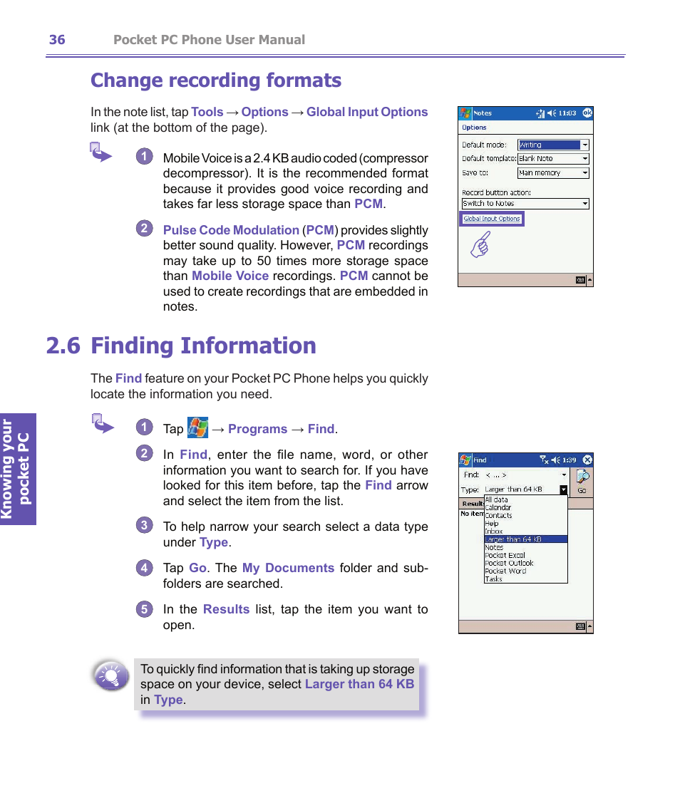 6 finding information, Change recording formats | i-mate PDA2K EVDO User Manual | Page 36 / 176