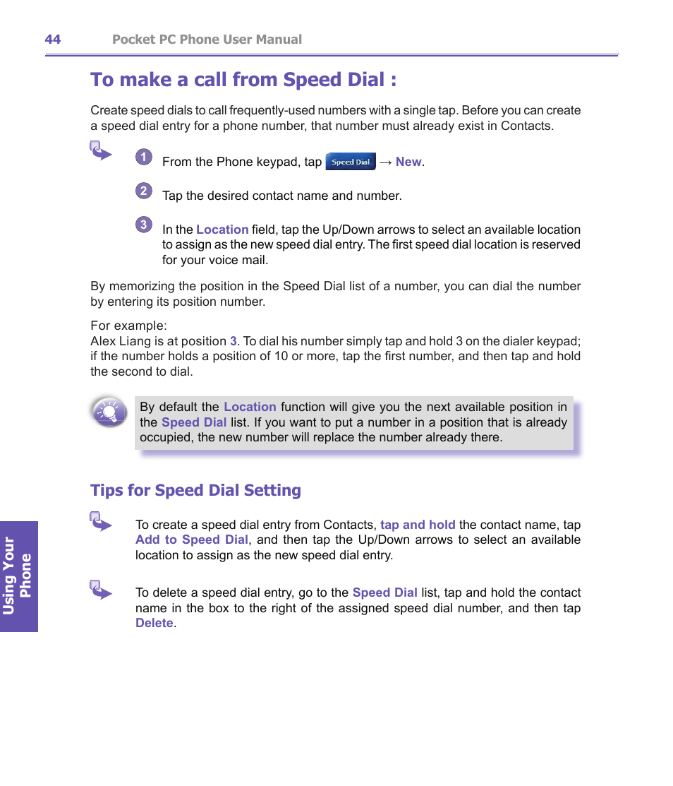 Tips for speed dial setting | i-mate PDA2K EVDO User Manual | Page 44 / 176