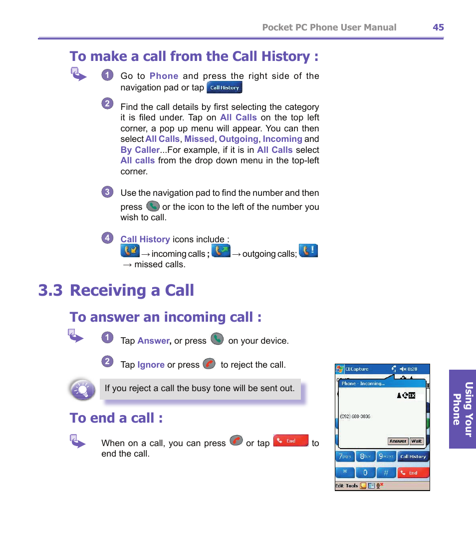 3 receiving a call | i-mate PDA2K EVDO User Manual | Page 45 / 176