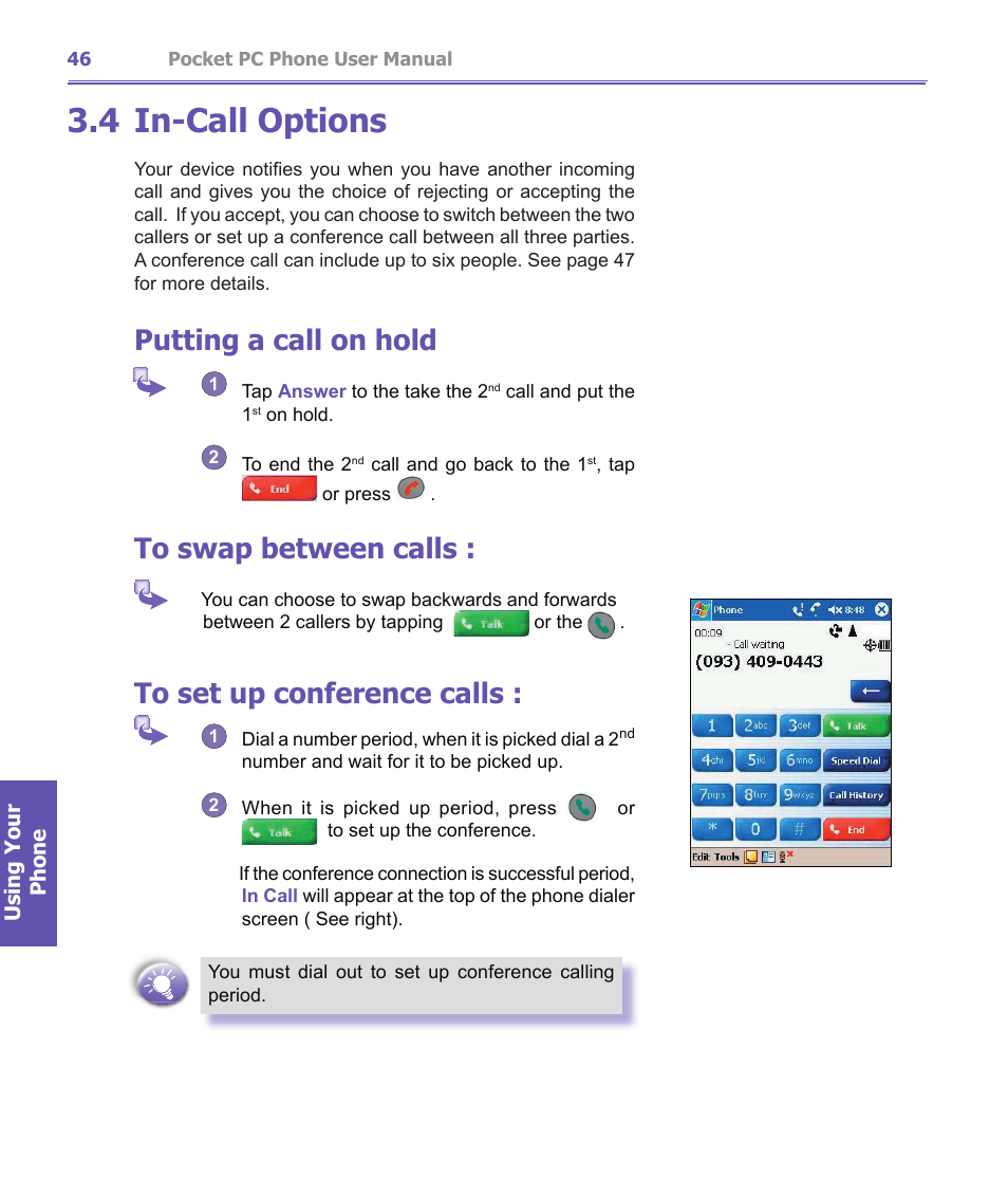 4 in-call options, Putting a call on hold | i-mate PDA2K EVDO User Manual | Page 46 / 176