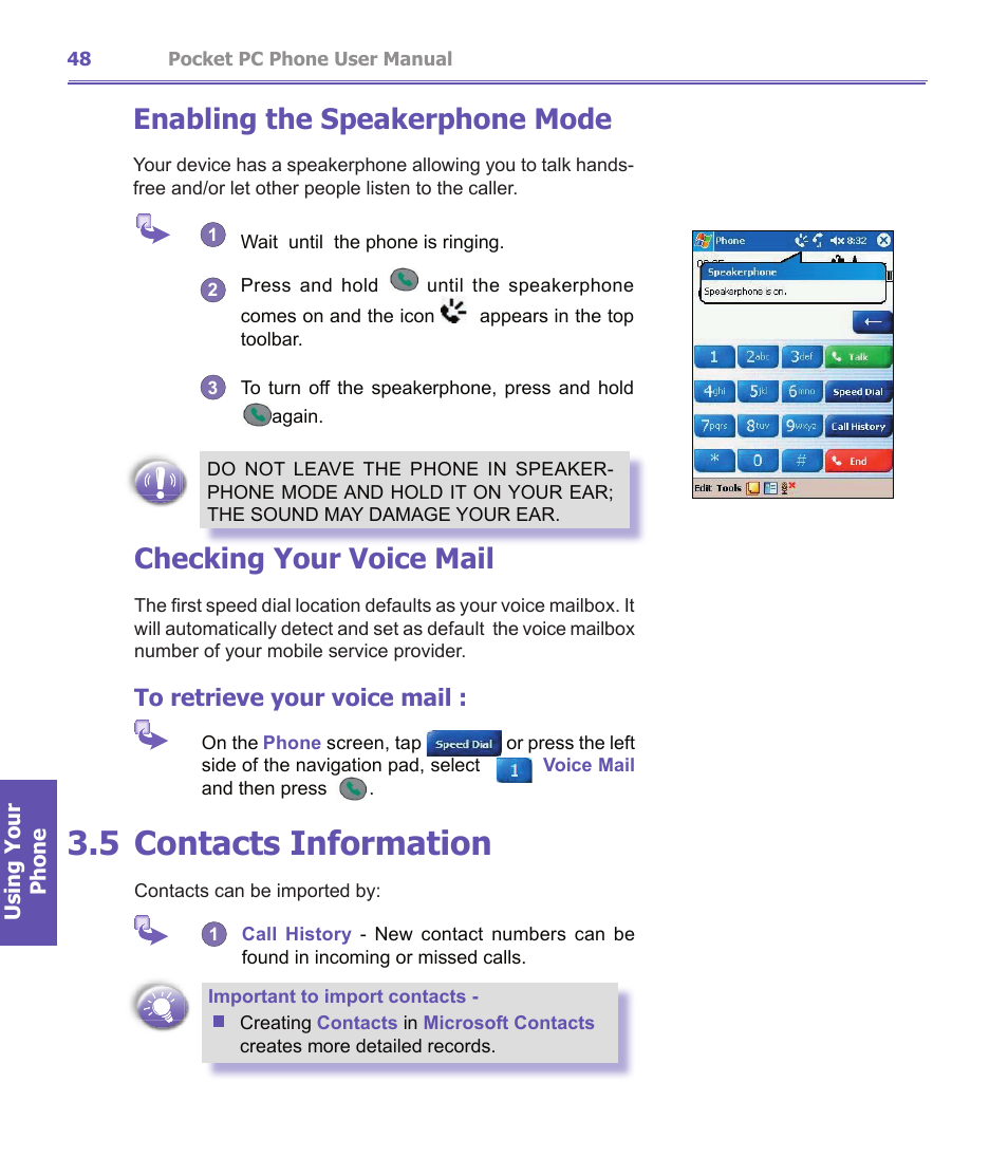 5 contacts information, Checking your voice mail, Enabling the speakerphone mode | i-mate PDA2K EVDO User Manual | Page 48 / 176