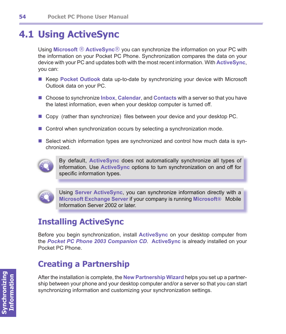 1 using activesync, Installing activesync, Creating a partnership | i-mate PDA2K EVDO User Manual | Page 54 / 176