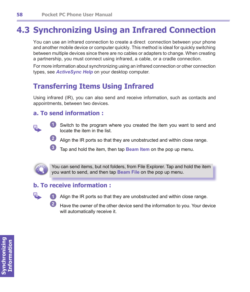 3 synchronizing using an infrared connection, Transferring items using infrared, A. to send information | B. to receive information | i-mate PDA2K EVDO User Manual | Page 58 / 176