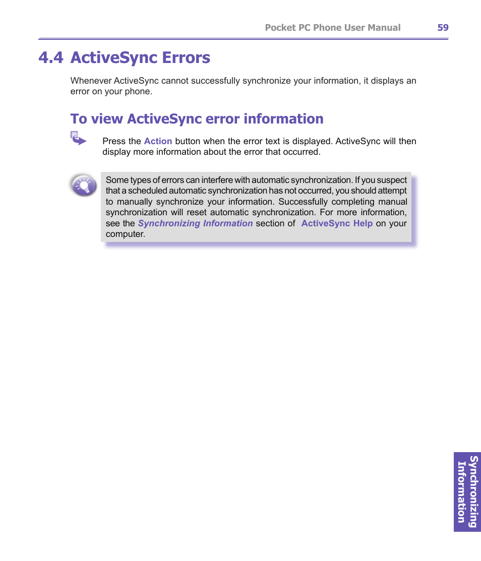 4 activesync errors | i-mate PDA2K EVDO User Manual | Page 59 / 176