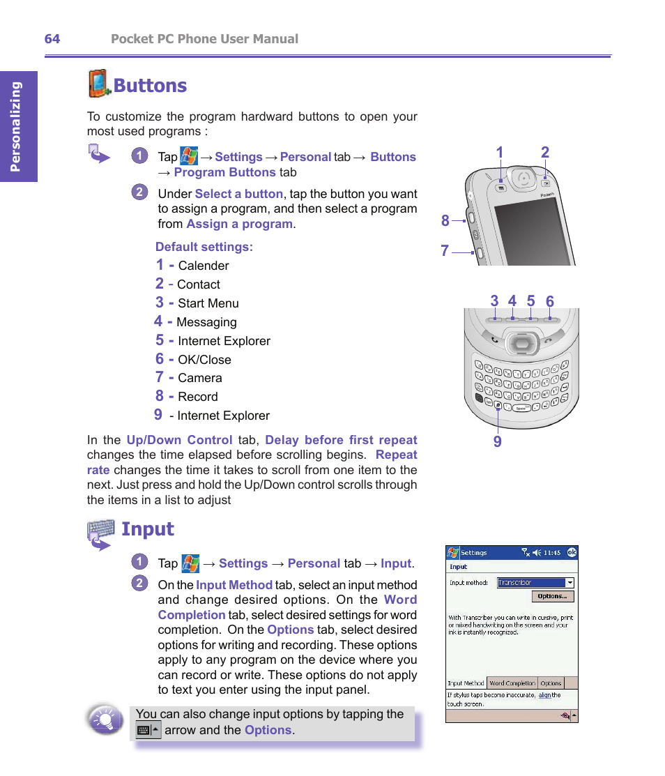 Buttons, Input | i-mate PDA2K EVDO User Manual | Page 64 / 176
