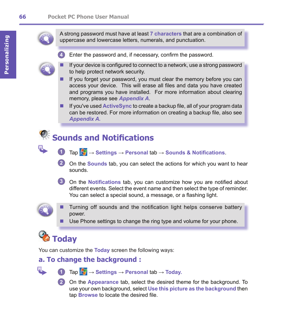 Sounds and notifications, Today, A. to change the background | i-mate PDA2K EVDO User Manual | Page 66 / 176