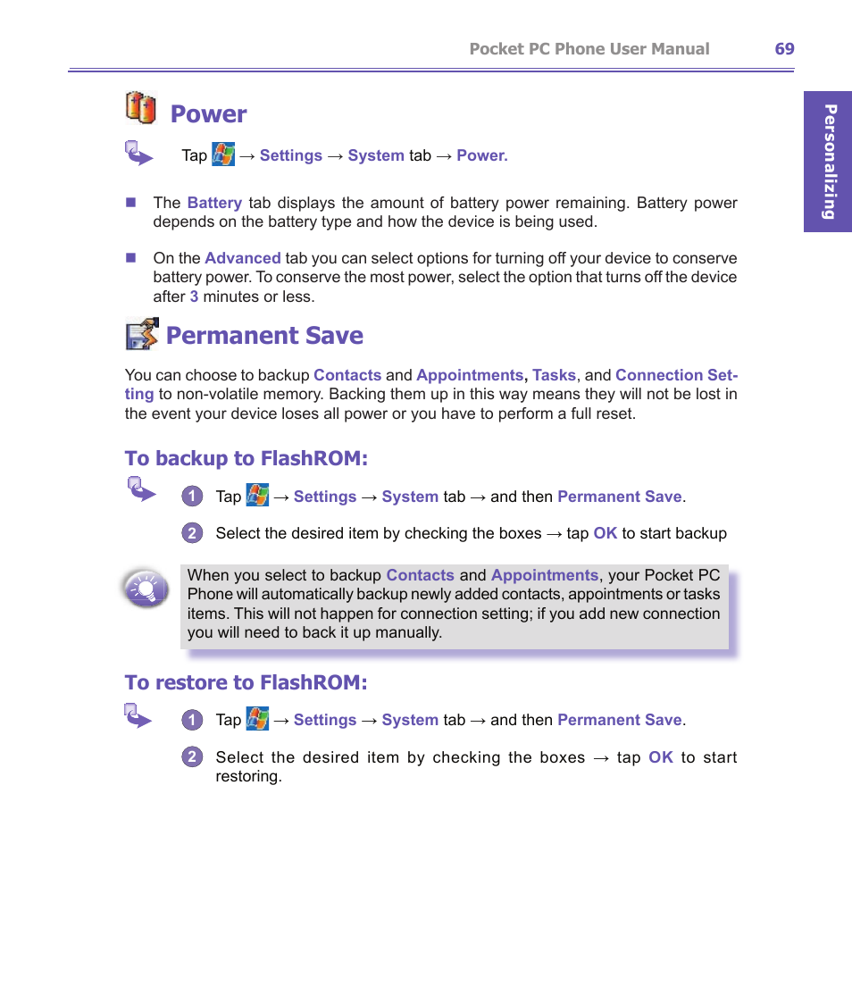 Power, Permanent save | i-mate PDA2K EVDO User Manual | Page 69 / 176