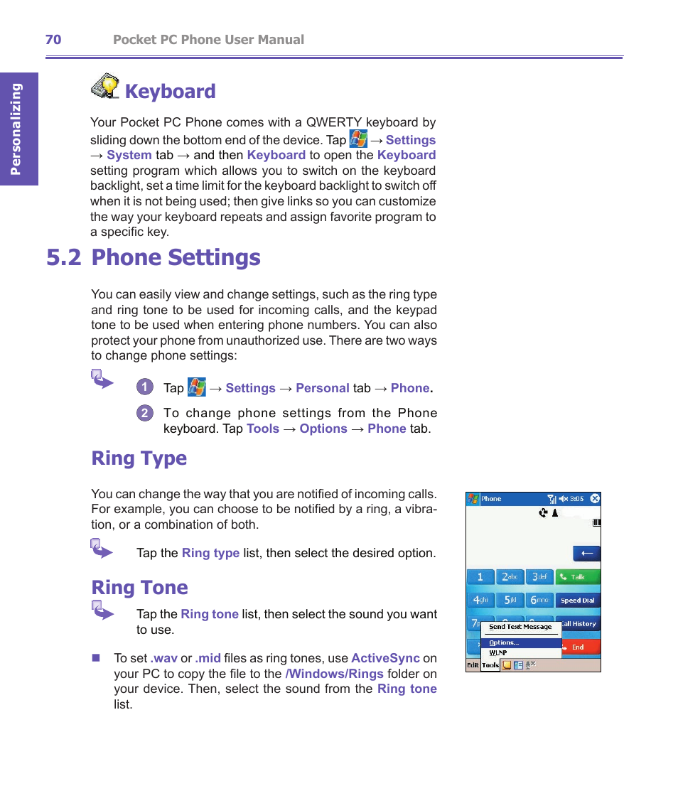 2 phone settings, Ring type, Ring tone | Keyboard | i-mate PDA2K EVDO User Manual | Page 70 / 176