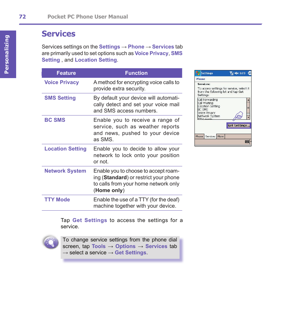 Services | i-mate PDA2K EVDO User Manual | Page 72 / 176