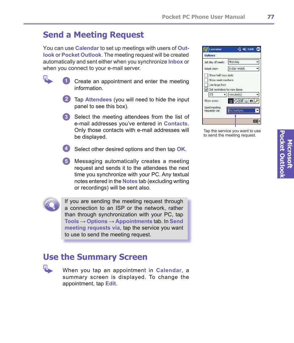 Send a meeting request, Use the summary screen | i-mate PDA2K EVDO User Manual | Page 77 / 176