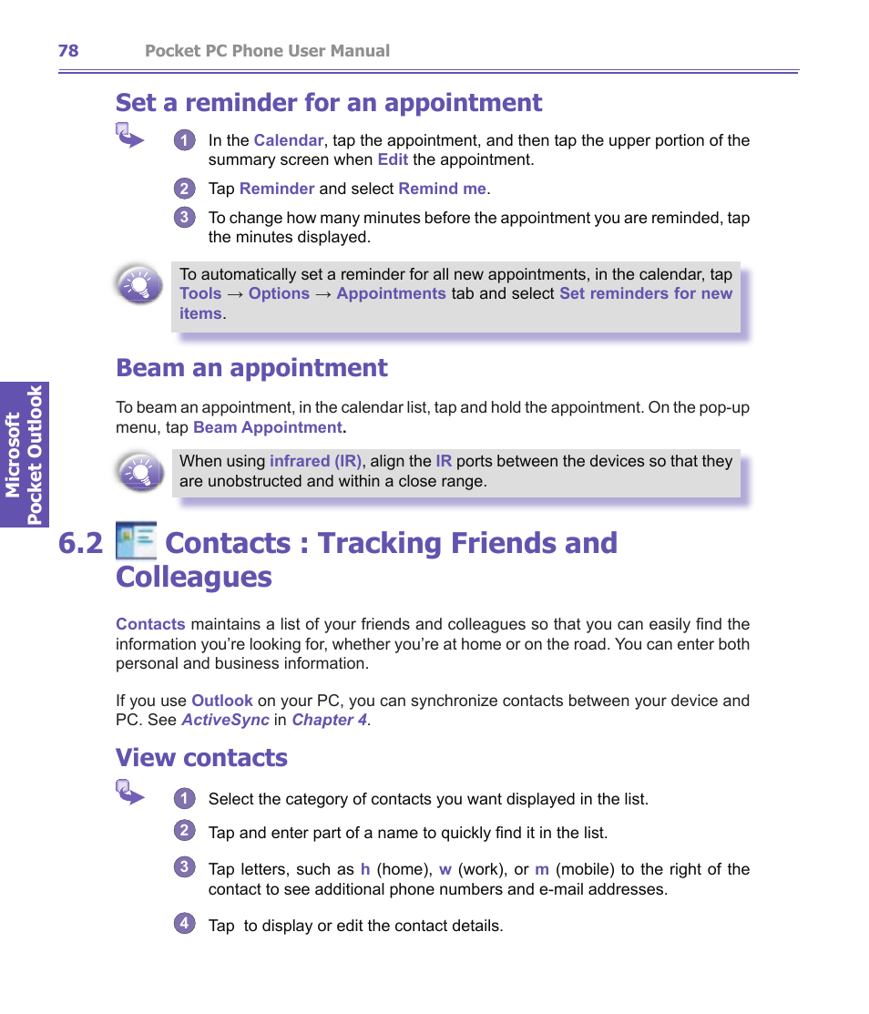 2 contacts : tracking friends and colleagues, Set a reminder for an appointment, Beam an appointment | View contacts | i-mate PDA2K EVDO User Manual | Page 78 / 176