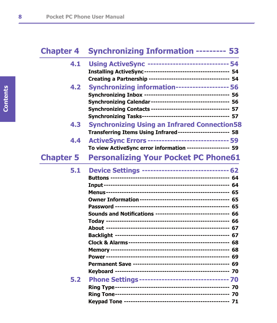 Chapter 4 synchronizing information, Chapter 5 personalizing your pocket pc phone61 | i-mate PDA2K EVDO User Manual | Page 8 / 176