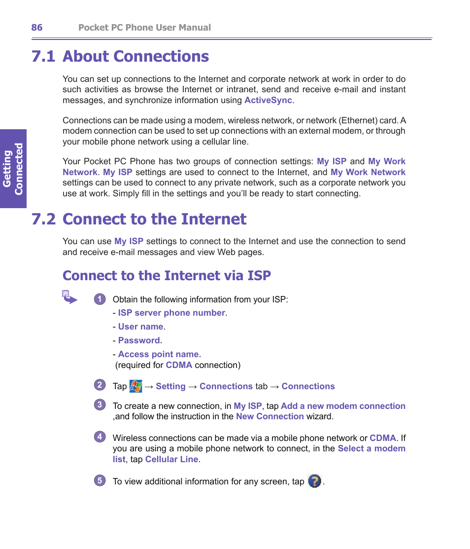 1 about connections, 2 connect to the internet, Connect to the internet via isp | i-mate PDA2K EVDO User Manual | Page 86 / 176