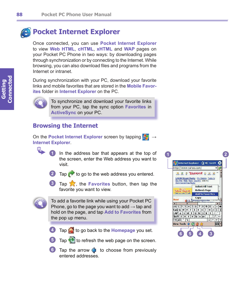 Pocket internet explorer, Browsing the internet | i-mate PDA2K EVDO User Manual | Page 88 / 176