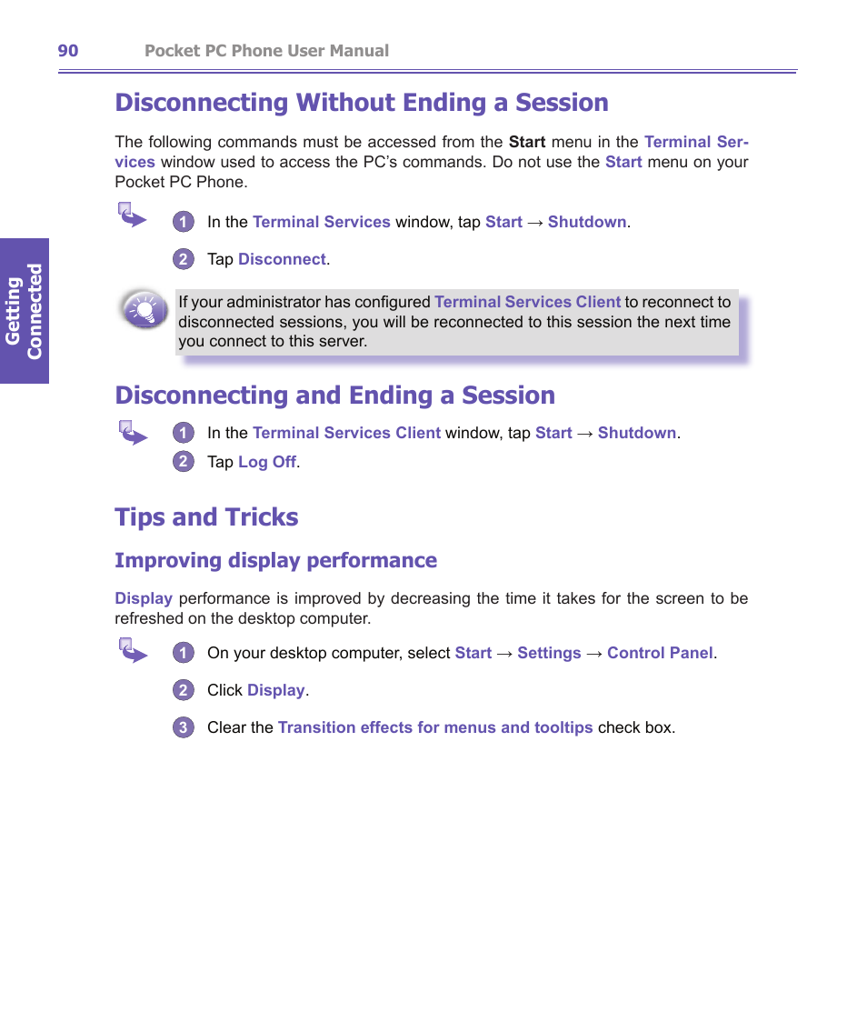 Disconnecting without ending a session, Disconnecting and ending a session, Tips and tricks | Improving display performance | i-mate PDA2K EVDO User Manual | Page 90 / 176