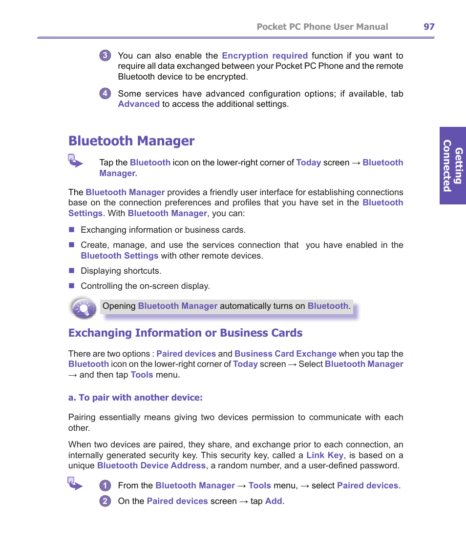 Bluetooth manager, Exchanging information or business cards | i-mate PDA2K EVDO User Manual | Page 97 / 176