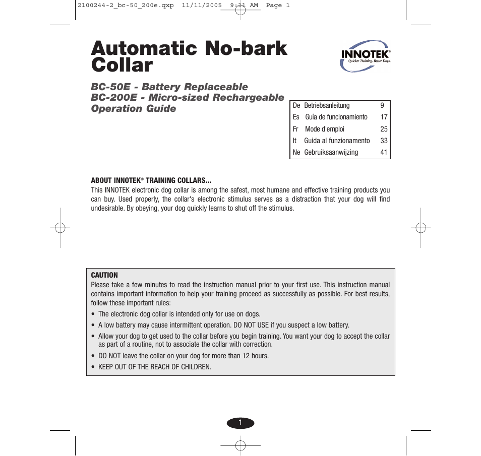 Innotek Automatic No-bark Collar BC-50E User Manual | 48 pages