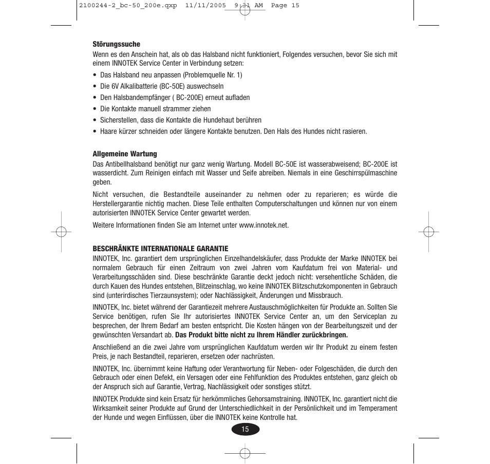 Innotek Automatic No-bark Collar BC-50E User Manual | Page 15 / 48
